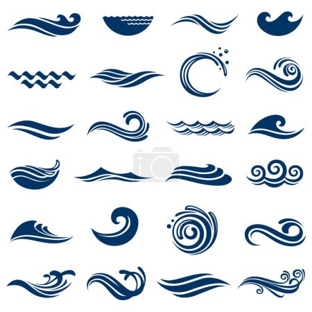 Téléchargez les illustrations : Collection abstraite d'icônes de vagues de mer isolées sur fond blanc - en licence libre de droit