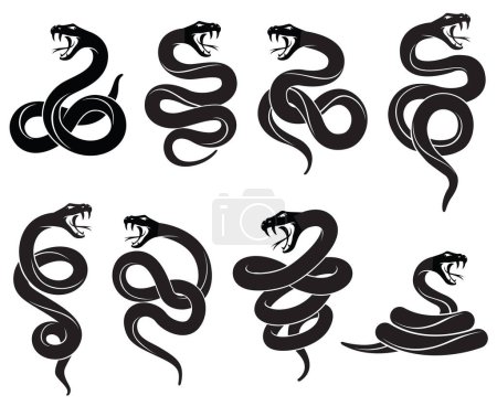 Téléchargez les illustrations : Collection de serpents noirs isolés sur fond blanc - en licence libre de droit