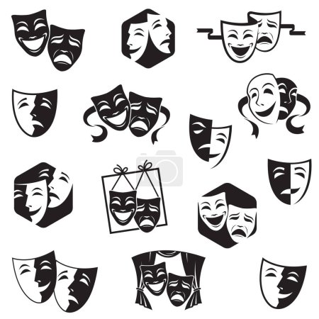 Téléchargez les illustrations : Collection de masques théâtraux comiques et tragiques isolés sur fond blanc - en licence libre de droit