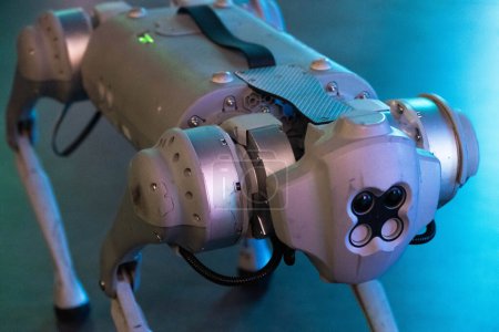Close up view of a quadruped dog robot for help and guidance with autonomous technology.
