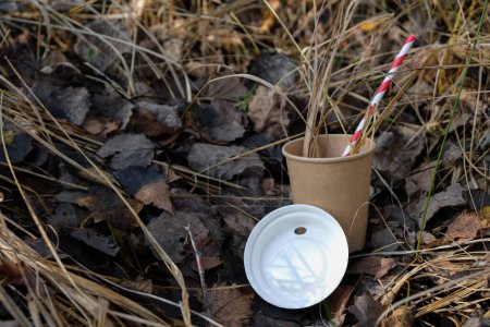 Foto de Tapa biodegradable, taza y paja para beber en un ambiente natural. Bioware de papel y almidón de maíz. Copiar espacio. - Imagen libre de derechos