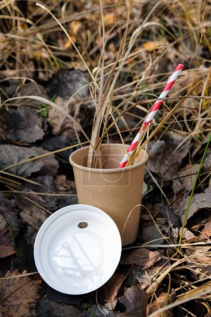 Foto de Tapa biodegradable, taza y paja para beber en un bosque. Bioware de papel y almidón de maíz. - Imagen libre de derechos