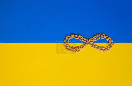 Infinity symbol. Wheat grains. Ukraine flag. Grain deals and world trade. Copy space.