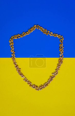 Wheat. Shield symbol. Ukrainian flag. National security and safety.