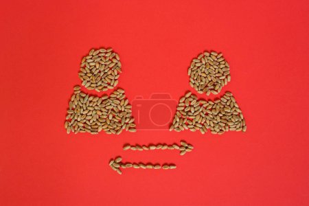 Menschliche Silhouetten aus ukrainischem Weizen. Zwei Pfeile weisen in entgegengesetzte Richtungen. Getreidestreit. Exportquoten. Getreidekrise. Diplomatisches Versagen. Globale Weltkrise.