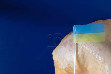Chicken Meat. Ukraine Flag. Blue Background of European Union Flag. Import of Poultry Meat from Ukraine to EU. Copy Space.