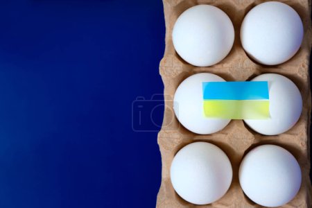 Hühnereier. Ukraine-Flagge. Blauer Hintergrund der Flagge der Europäischen Union. Eier aus der Ukraine in die EU importieren. Kopierraum.