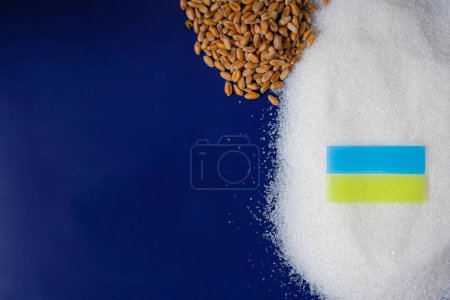 Zucker und Weizen. Ukraine-Flagge. Blauer Hintergrund der Flagge der Europäischen Union. Bauern gegen ukrainische Lebensmittel auf dem europäischen Markt.
