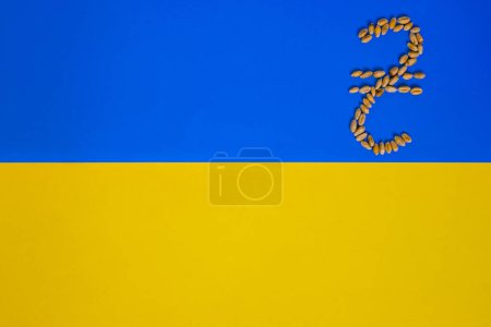 Téléchargez les photos : Symbole de devise ukrainienne (Hryvnia ukrainienne) est fait de blé. Ukraine Drapeau. Litige sur les grains. Commerce mondial. Espace de copie. - en image libre de droit