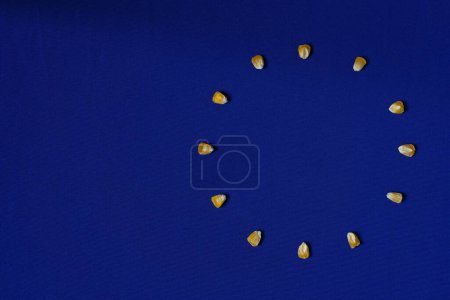 Grains de maïs. Fond bleu. Drapeau de l'Union européenne. Vue métaphorique des politiques agricoles de l'UE.