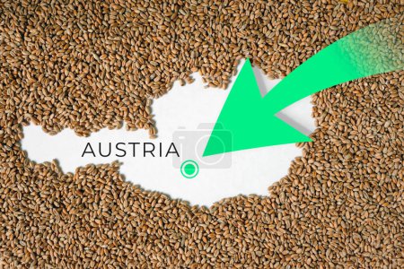 Mapa de Austria lleno de grano de trigo. Dirección flecha verde. Espacio para texto.