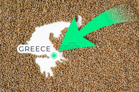 Map of Greece filled with wheat grain. Direction green arrow. Space for text.
