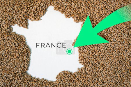 Map of France filled with wheat grain. Direction green arrow. Space for text.