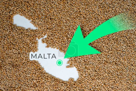 Mapa de Malta lleno de grano de trigo. Dirección flecha verde. Espacio para texto.