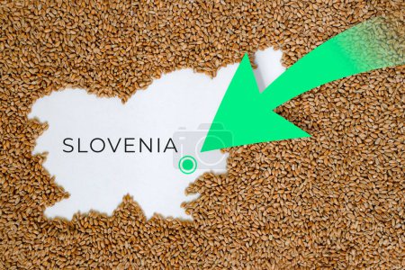 Mapa de Eslovenia lleno de grano de trigo. Dirección flecha verde. Espacio para texto.