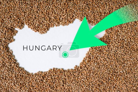 Map of Hungary filled with wheat grain. Direction green arrow. Space for text.