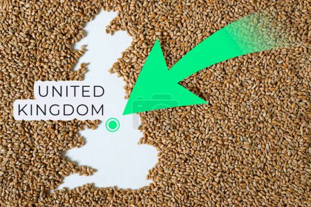 Carte du Royaume-Uni remplie de grains de blé. Direction flèche verte. Espace pour le texte.