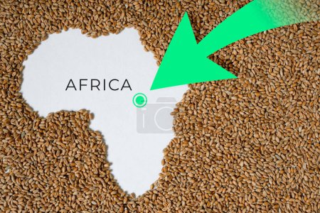 Mapa de África llena de grano de trigo. Dirección flecha verde. Espacio para texto.