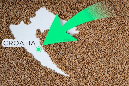 Map of Croatia filled with wheat grain. Direction green arrow. Space for text.