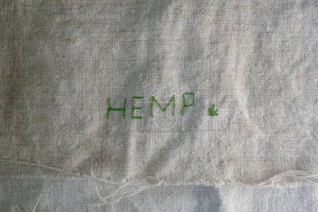 Hemp canvas with torn edges. The green word hemp on hemp cloth fabric.