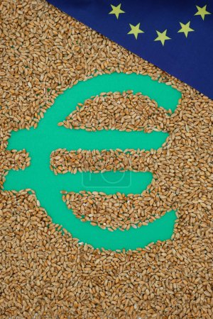 Euro symbol. Wheat. Grain. European Union flag. European Green Deal. Top view.