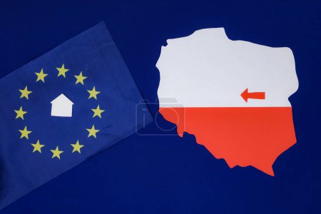 Poland map. Arrow. Euro Union flag. House model. Internal migration in the European Union. Population migration from Poland to EU.