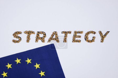 La palabra Estrategia. Trigo. Grano. Políticas agrícolas UE. Bandera de la Unión.