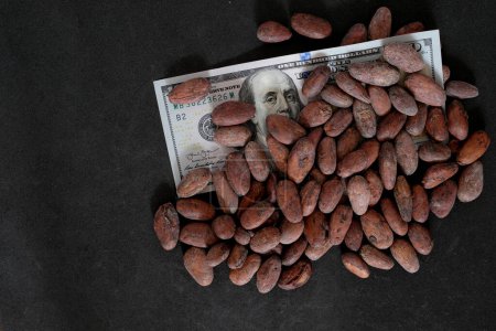Haricots de cacao sur fond noir. Dollar américain ou Dollar américain. Le prix des fèves de cacao. Espace de copie.