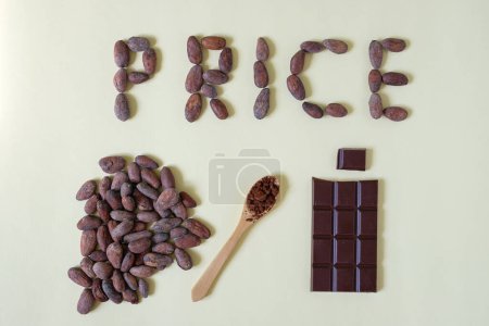 Das Wort Price wird aus Kakaobohnen hergestellt. Löffel Kakao. Schokoriegel. Steigende Preise bei der Schokoladenherstellung.