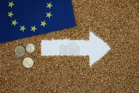 Pfeil nach rechts. Getreide Hintergrund. Flaggschiff der Europäischen Union.