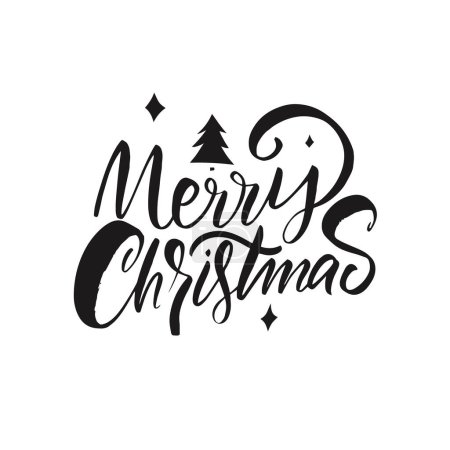 Illustration for Merry Christmas hand drawn black color modern brush calligraphy text. Holiday celebration lettering phrase. Isolated on white background. - Royalty Free Image