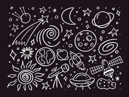 Téléchargez les illustrations : Définir l'espace ou les éléments et objets cosmos style doodle. Illustration vectorielle dessinée à la main isolée sur fond noir. - en licence libre de droit