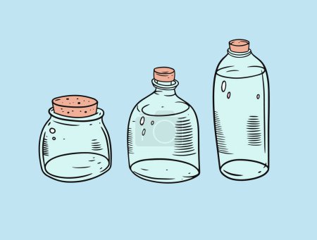 Illustration for Three hand drawn set jars in cartoon style vector illustration isolated on blue background. - Royalty Free Image