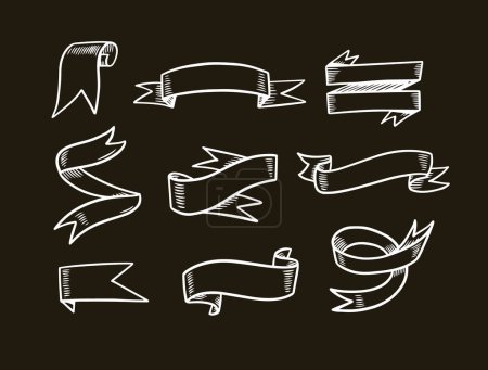 Ilustración de Elementos blancos dibujados a mano y cintas en diseño de pizarra de tiza. Ilustración vectorial. - Imagen libre de derechos