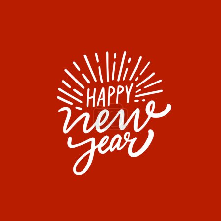 Happy New Year hand drawn white color calligraphy holiday lettering text. Winter season celebration isolated on red color background.