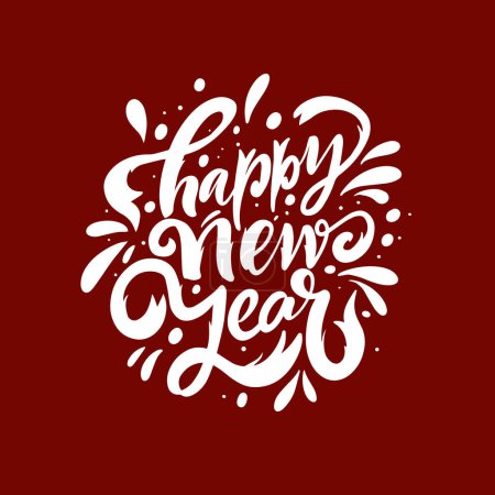 Ilustración de Feliz año nuevo color blanco caligrafía frase de letras aisladas sobre fondo rojo. - Imagen libre de derechos