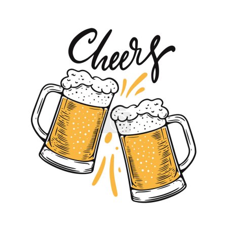 Cheers lettering phrase and two beer glasses hand drawn colorful cartoon style vector art illustration.