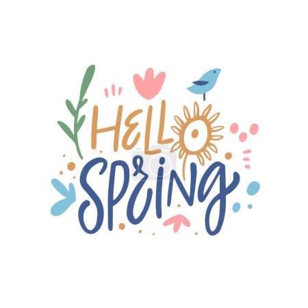 Illustration for Hello Spring colorful season lettering phrase and spring elements, leave, flower and bird. - Royalty Free Image