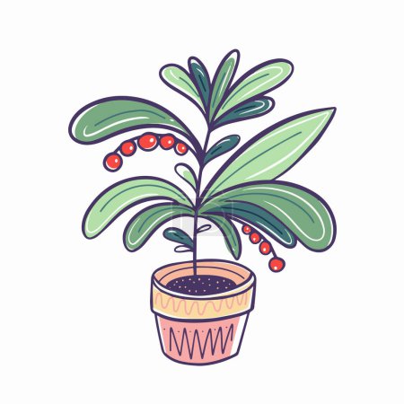 Illustration for Green plant in pink home pot hand drawn outline sketch art vector illustration. - Royalty Free Image
