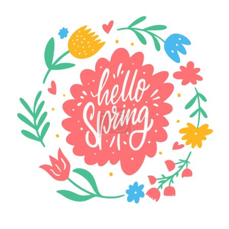 Hello Spring white color calligraphy phrase and spring season flower set in circle vector art illustration.