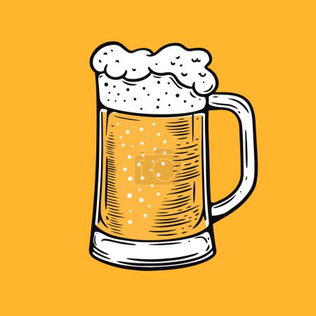 Illustration for Beer glass in cartoon style hand drawn vector art illustration. Isolated on yellow background. - Royalty Free Image