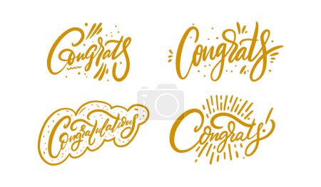 Illustration for Congratulation or congrats lettering phrase set. Yellow or gold color vector art text. Isolated on white background. - Royalty Free Image