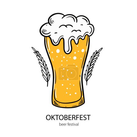 Téléchargez les illustrations : Illustration vectorielle dessinée à la main en verre de bière et texte du festival de bière Oktoberfest. Isolé sur fond blanc. - en licence libre de droit