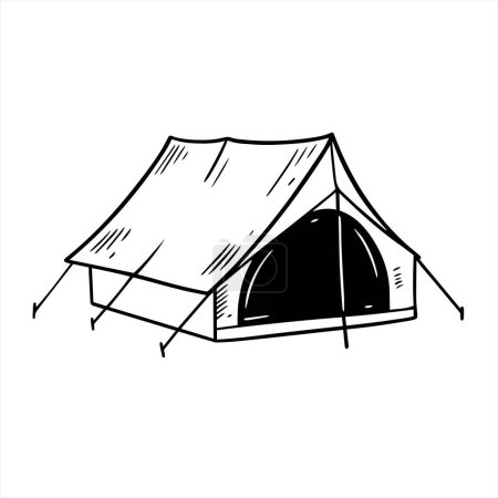 Illustration for Adventure camp tent sketch art vector illustration. Black and white color sign isolated on white background. - Royalty Free Image