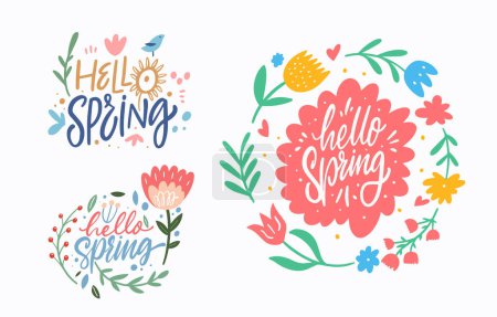 Illustration for Hello Spring lettering phrases set. Season holiday vector art illustration. Isolated on white background. - Royalty Free Image