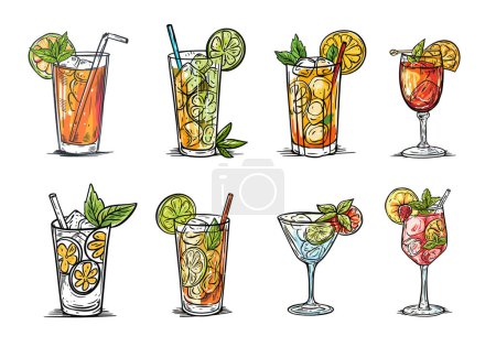 Illustration for Different drink cocktail set. Hand drawn colorful in cartoon style vector collection. Isolated on white background. - Royalty Free Image
