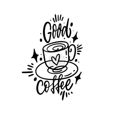 Taza de café dibujada a mano con ilustración de amor del corazón. Estilo de arte de línea y buena frase de texto de café. Aislado sobre fondo blanco.