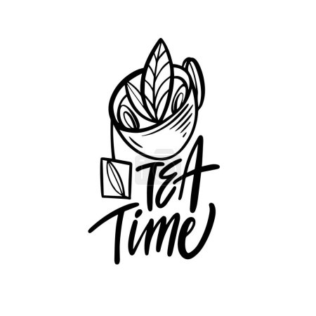 Illustration for The illustration features a black mug with tea leaves inside and the inscription Tea time against a white background. It creates an atmosphere of coziness and tranquility. - Royalty Free Image