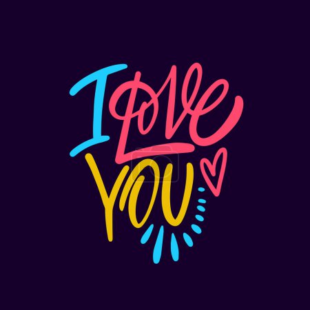 I love you a simple phrase, heartfelt expression. Color text on black background. Isolated vector art.