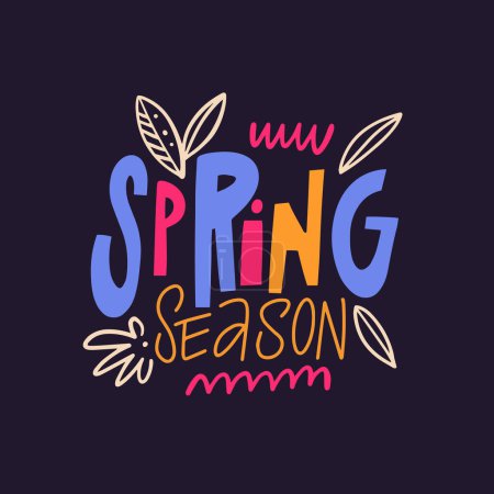 Stylischer Schriftzug der Frühjahrssaison in leuchtenden Farben auf auffallend schwarzem Hintergrund. Feiern Sie die Ankunft des Frühlings mit diesem eleganten und auffälligen Design.